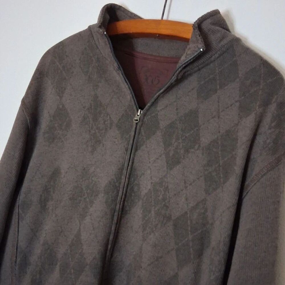 XG Vintage Men XL Brown Argyle Full Zip Ribbed Knit Mock Neck Skater Sweatshirt